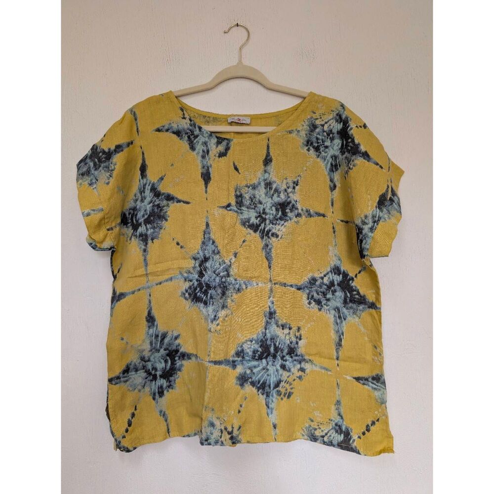 Bellambra Womens Tie Dye Boxy Short Sleeve Linen Top Mustard Yellow Large